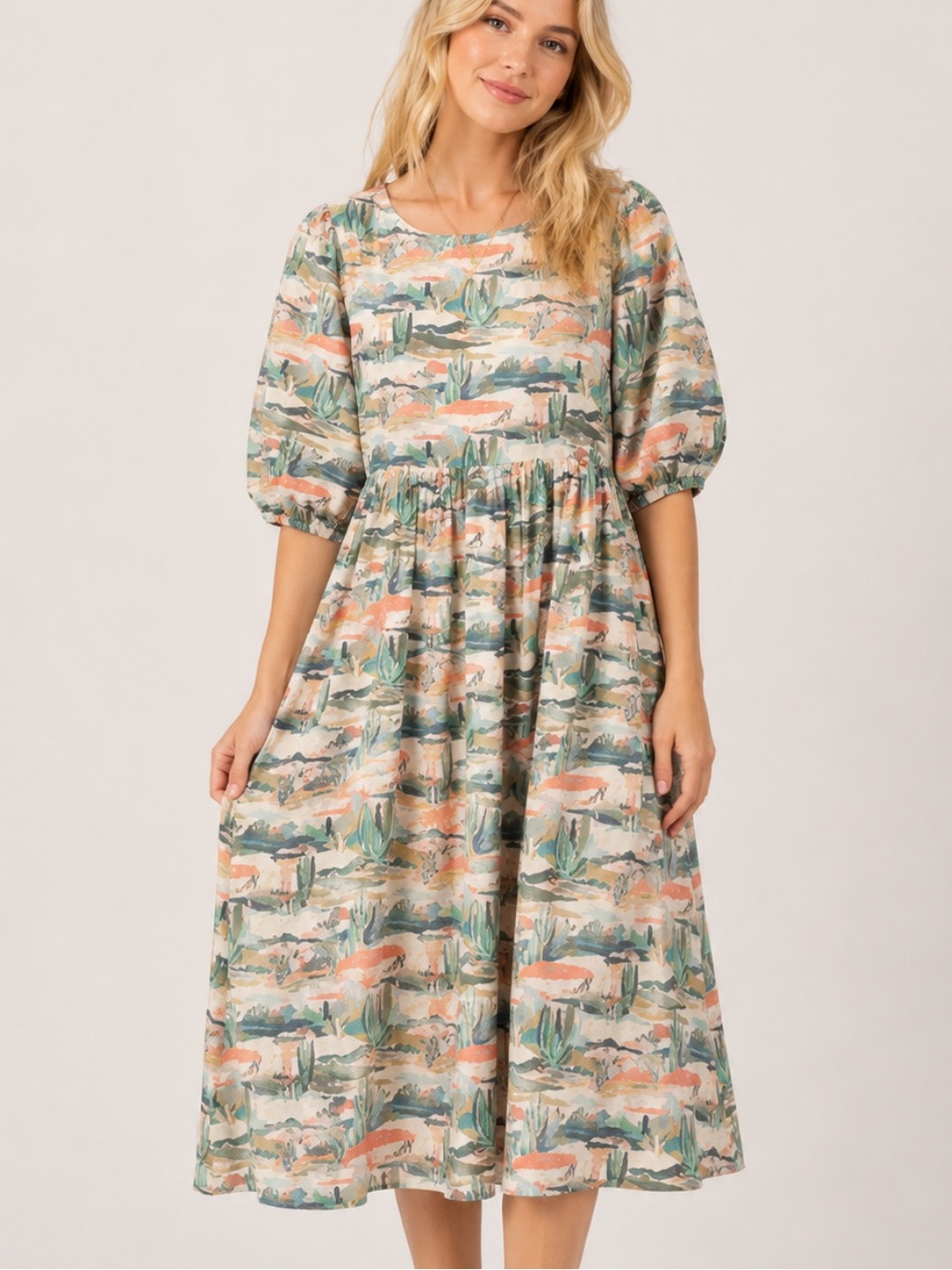 OFFON Multicolor Abstract Desert Landscape Print Midi babydoll Dress 8395